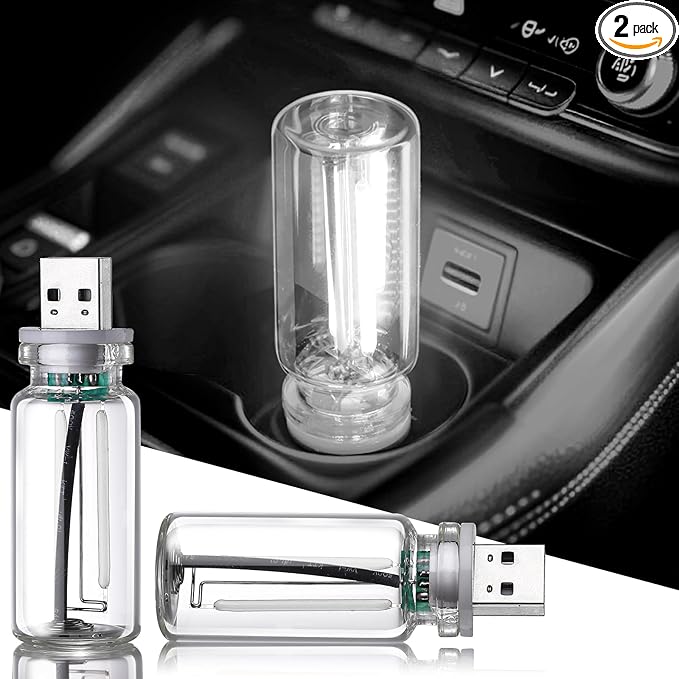2PCS USB Car Light, Touch Control, Mini Glass Bottle USB Night Light DIY Romantic Mood Lamp Bedside Atmosphere Lights, Plug-in Retro Car Lamp Ambient Lighting Automotive Neon Lights for Vehicle, White