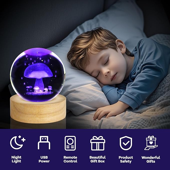 3D Mushroom Crystal Ball Night Light 2.4in Mushroom Figurines Decor Table Lamp with 16 Colors Change Mushroom Stuff for Room Birthday Christmas Mushroom Gifts for Women Friends Kids