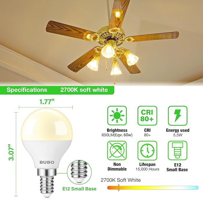 BUBO Ceiling Fan Light Bulbs 60 Watt Equivalent, E12 LED Bulb Soft White 2700K, 5.5W Small Base LED Light Bulbs, A15 Candelabra Base Bulb, 120V, 650LM, Non-Dimmable, 20 Pack