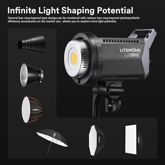 Godox LA150Bi Bicolor LED Video Light, 190W 66000LUX@1M Studio, 2800K-6500K Bowens Mount LED Light, CRI 96+ 11 FX Effect 0-100% Dimming APP Control Photography Portable Light