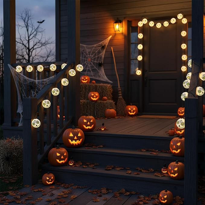 Halloween Jack Skellington Ghost Lights, 8.5FT Connectable String Lights with 10 LED Nylon Lanterns, Indoor Outdoor Halloween Decorations for Bedroom, Party, Fireplace, Yard