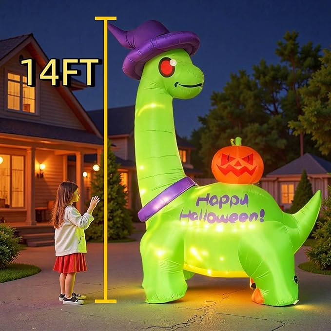 14 FT Halloween Inflatable Dinosaur Decor with Witch Hat & Pumpkin, Giant Lighted Yard Decoration for Outdoor Lawn Garden Party