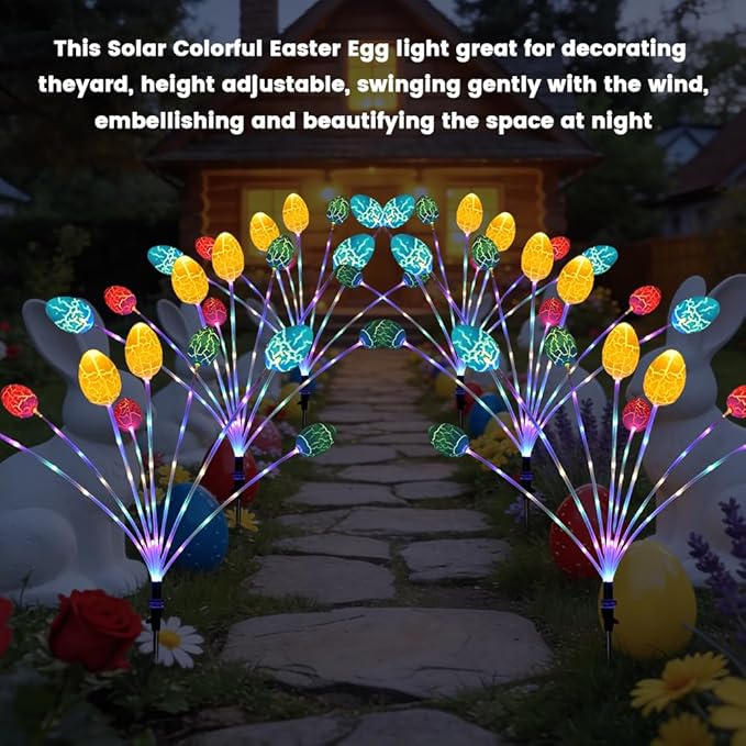 2 Pack Solar Easter Egg Lights, Colorful Garden Swaying Firefly Light with Growing Stem, 2 Modes, High Waterproof Easter Egg Lights for Garden Patio Yard Pathway Landscape Decor