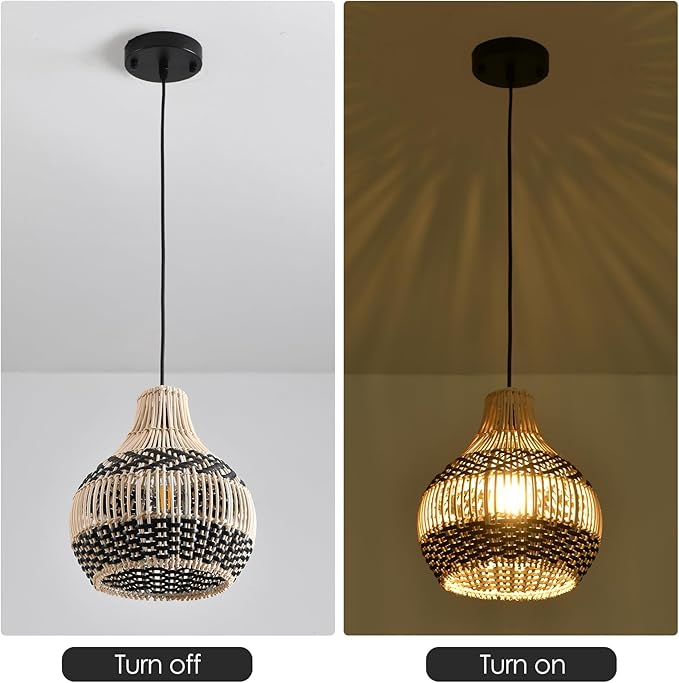 3-Pack Rattan Pendant Light,11" Hand-Woven Black Faux Boho Wicker Pendant Light Mini Rattan Hanging Light Fixture Farmhouse Woven Chandelier for Kitchen Island Bedroom Dining Room
