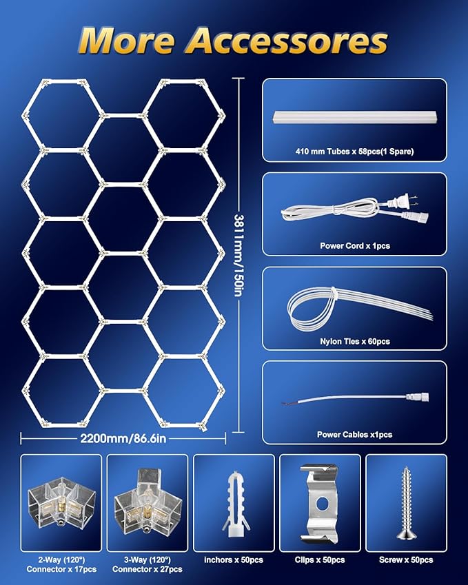 Hexagon Garage Lights,14 Grids LED Hexagon Light,456W 50160LM 7000K Honeycomb Lights for Garage,Car Detailing Shop, Basement,Warehouse