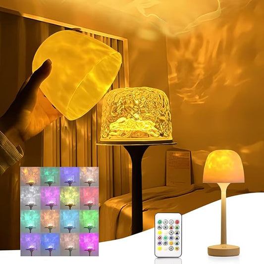 Ocean Wave Cordless Projector Light, USB Rechargeable Cordless Night Light with Remote Control, Party Sunset Mood Ambient Lighting, RGB Color Aurora Light Projector for Bedroom Living Room