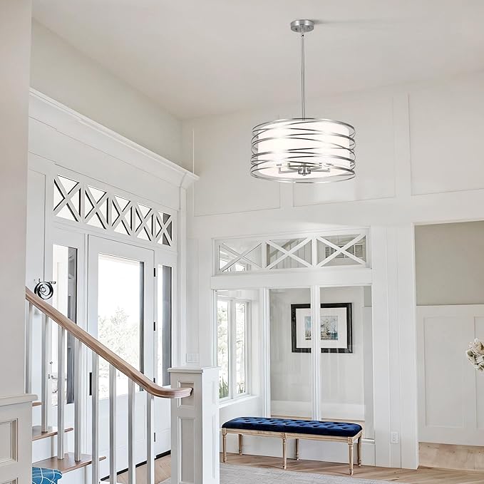 19.7'' Brushed Nickel Drum Chandeliers for Dining Room, 5-Lights Kitchen Chandeliers Over Table, Entryway Light Fixture Hanging, Industrial Round Chandelier for Living Room Stairwell Bedroom
