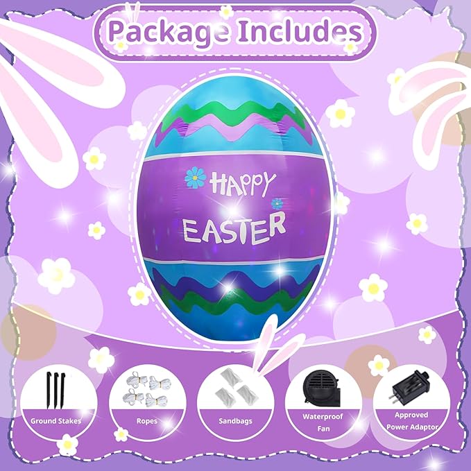 6FT Easter Egg Inflatable Outdoor Yard Decoration Build-in LED Lights,Colorful Large Easter Painted Eggshell Blow up Lighted-up Decorations Holiday Addition for Party,Garden,Lawn,Porch