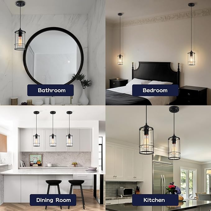 Black Pendant Light Kitchen Island Glass Pendant Light Fixture, Kitchen Hanging Lights with Clear Glass, Modern Farmhouse Cage Pendant Lights for Dining Room Hallway Bathroom