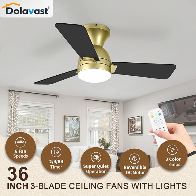 Ceiling Fans with Lights and Remote, 36 Inch Ceiling Fan with Light, Low Profile, Reversible, Dimmable LED, Flush Mount, Quiet, DC Motor, Gold Ceiling Fan for Bedroom, Kitchen, Dining Room