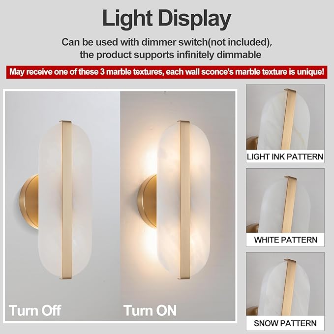 Natural Alabaster Wall Sconces Marble Wall Sconces Gold Bathroom Vanity Wall Light Fixture Stone Wall Lamp Modern Alabaster Sconces Wall Lighting for Bedroom Living Room Hallway Restaurant