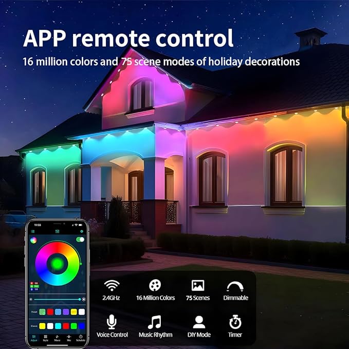 Permanent Outdoor Lights,Smart RGBIC Outdoor String Lights with 75 Scene Modes,LED Eaves Light,IP67 Waterproof,All Holiday,Party,Halloween,Christmas Decoration,with App and Remote (50FT)