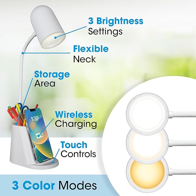 OttLite Aglow LED Desk Lamp with Wireless Charging Stand, 3 Color Temperatures, Storage and Organization Area, Book Light, Table Lamp Reading Light, Work Light, Desk Lights for Home Office or Bedside