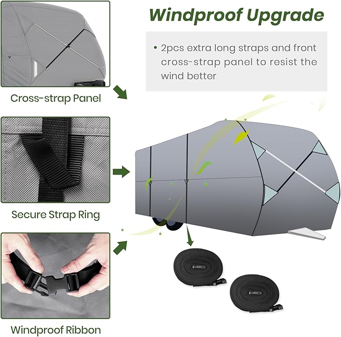 XGear Windproof Upgraded RV Cover Travel Trailer Cover, Extra-Thick 5 Layers Anti-UV Top, Rip-Stop with 2PCS Extra Straps (5 Layer/Travel Trailer Cover, Fits 27' - 30')