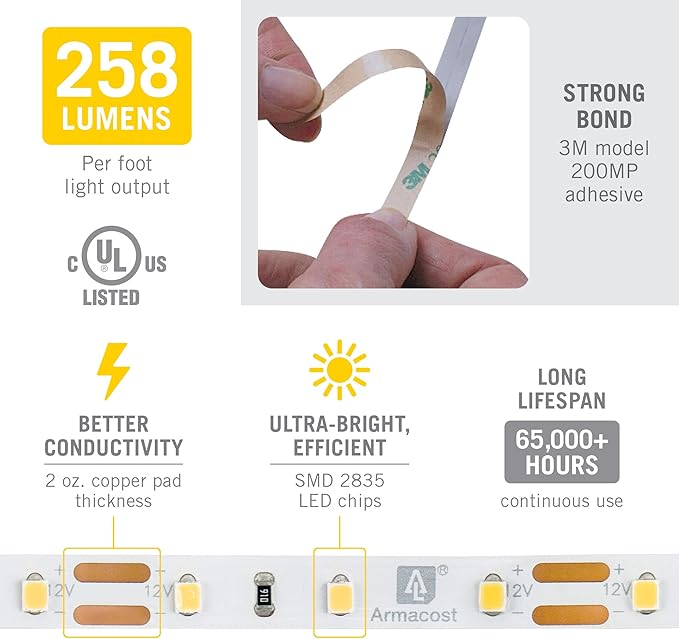 Armacost Lighting RibbonFlex Pro 12V White LED Strip Lights 60 LED/m, 4000K, 32.8 ft 152250