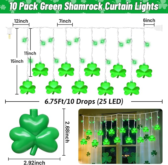 25 LED Green Shamrock Icicle Lights, 6.75FT St. Patricks Day Lights Curtain String Lights with 10 Shamrock & 25 LED Light for Lucky Clover St Patrick's Decorations Indoor Home Window Proch Party Decor
