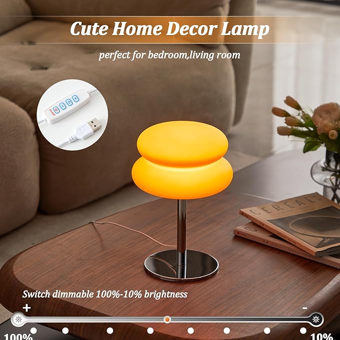 Orange Mushroom Lamp, Mid Century Modern Lamp for Nightstand, Dimmable Retro Egg Tart Bedside Lamps, Home Decor Ambient Lighting Aesthetic Cute Lamps for Bedroom Living Room (NOT Glass)