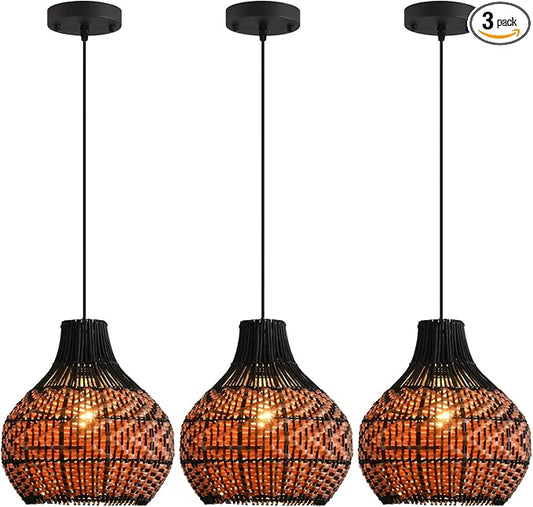 3-Pack Rattan Pendant Light,11" Hand-Woven Black Brown Faux Rattan Hanging Light Boho Wicker Basket Chandelier,for Living Room Bedroom Kitchen Dining Farmhouse
