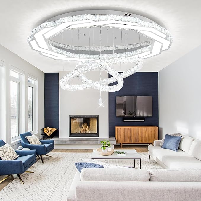 Flashing God Extra Large Chandelier Dia 55" Chrome Chandeliers Flush Mount Chandelier for Living Room Bedroom Dining Room Hallway Dimmable 3 Rings Chandeliers