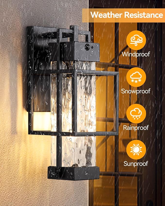 Motion Sensor Outdoor Lights, Dusk to Dawn Outdoor Lighting Exterior Light Fixture with Water Glass, Waterproof Sconce Wall Mount for House Porch Patio Garage, Bulb Included
