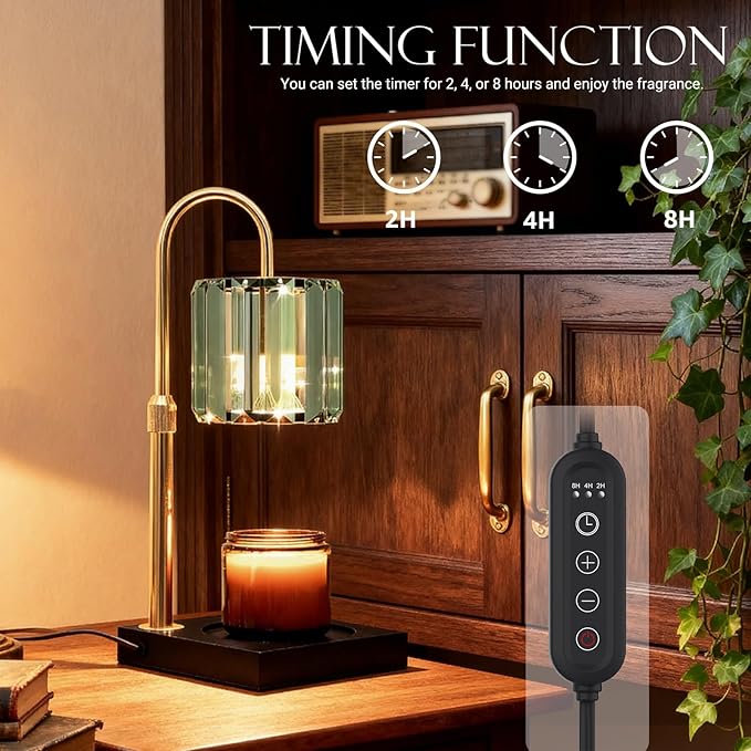 Candle Warmer Lamp Green with Timer, Dimmable Electric Candle Wamer Adjustable Height, Gifts for Women Mom, Glass Modern Candles Melter Lamp
