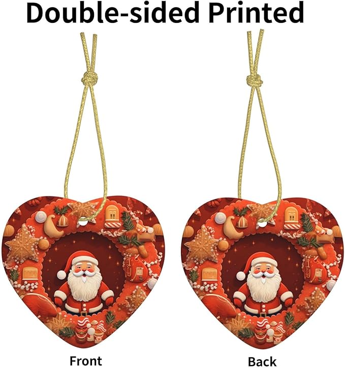 Christmas Wreath Santa Claus Cookies Christmas Ornaments, Christmas Decorations Xmas Tree Hanging Ornaments, Heart-Shaped Ceramic Festive Keepsake Gift for Christmas Decorations Holiday Home Party