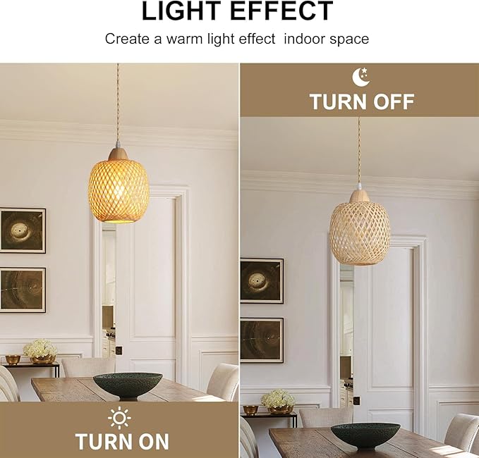 Bamboo Pendant Light Fixture, 2-Light Handmade Woven Pendant Lighting, with Adjustable Rustic Basket, for Kitchen Island Farmhouse Dining Room Living Room, ETL Listed