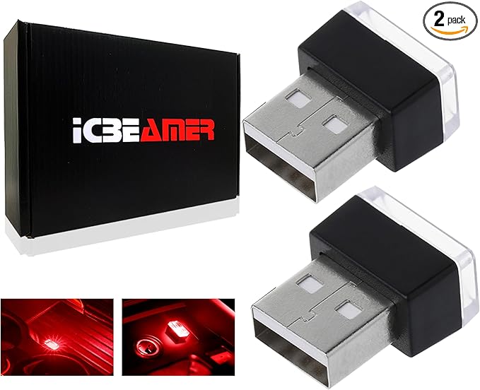 ICBEAMER 2-Pack USB Type-A LED Night Light, Color: Red | Plug-in Universal Fit Automotive Accessories for Car Interior and Trunk Ambient Atmosphere Lighting
