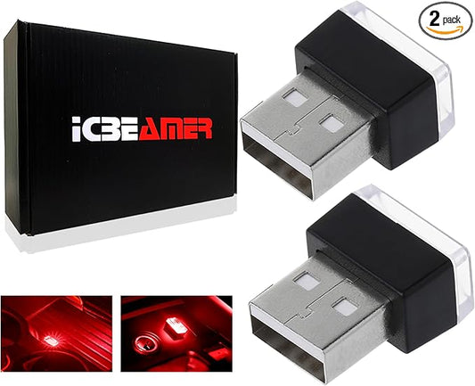 ICBEAMER 2-Pack USB Type-A LED Night Light, Color: Red | Plug-in Universal Fit Automotive Accessories for Car Interior and Trunk Ambient Atmosphere Lighting