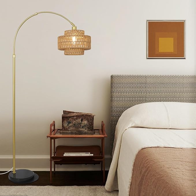 HMVPL Gold Floor Lamp for Living Room, Arched Floor Lamp with Remote, Boho Rattan Standing Lamp with Dimmable Blub, Mid Century Tall Lamp for Bedroom Reading Behind Couch Office (Height Adjustable)