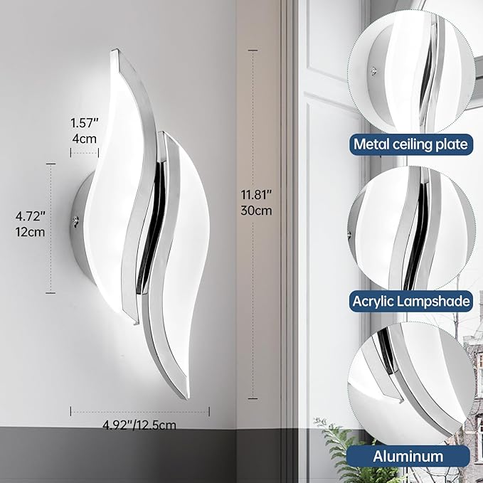 CANEOE Modern LED Wall Sconce 6000K Cold White Chrome Indoor Wall Light Fixtures Acrylic Wall Sconce Lighting for Living Room Bedroom Bedside Bathroom Hallway Stairway Wall Lamp