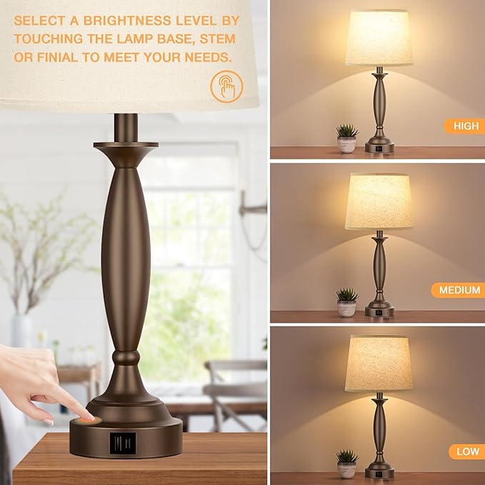Beige Brown Lamps for Bedrooms Set of 2 - Touch Control Bedside Lamp with USB C+A, 3 Way Dimmable Nightstand Lamps with USB Port, Table Lamp for Living Room(Beige Shade and Brown Base)
