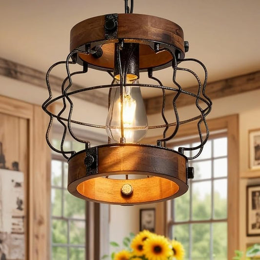 Rustic Pendant Light Fixtures, Farmhouse Chandelier, Vintage Industrial Metal and Wood Chandelier Hanging Pendant Light for Kitchen Island Foyer Hallway Bar Dining Room, D 10.2" x H 10.2"
