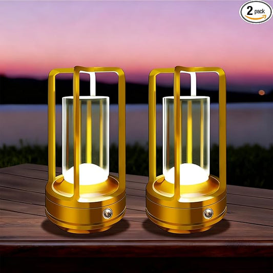 Set of 2 Cordless Table Lamps, LED Rechargeable Table Lamp with 3 Color Stepless Dimmable, Outdoor Table lamp for Patio/ Camping, Indoord Desk Lamp for Bar/ Coffee/ Home (Gold 2 Pcs)