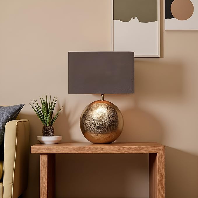 Cruiser’s Caché 19" Modern Metal Table Lamp, Antique Gold Finish with Handloomed Dark Khaki Rectangular Lampshade