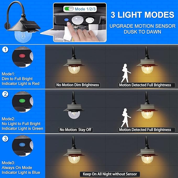 Moodyfei 2 Pack Solar Barn Lights Outdoor: Motion Sensor with 3 Lighting Modes - Wall Mount Vintage Light - Waterproof Sconce for Porch Shed Patio Garden Chicken Coop