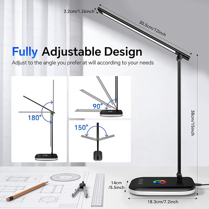 Bright LED Desk Lamp for Office Home, 10%-100% Stepless Dimmable & 5 Color Temperatures, Eye Caring Desk Light for Office, Study, Craft, Puzzle, Nail, Sewing | USB Charging | 45 Min Timer | RGB