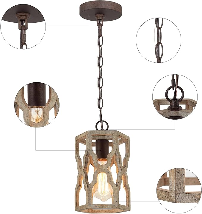 KSANA Farmhouse Wood Pendant Light, Cage Lantern Hanging Light Fixture for Kitchen Island, Foyer, Hallway, Bedroom and Entryway