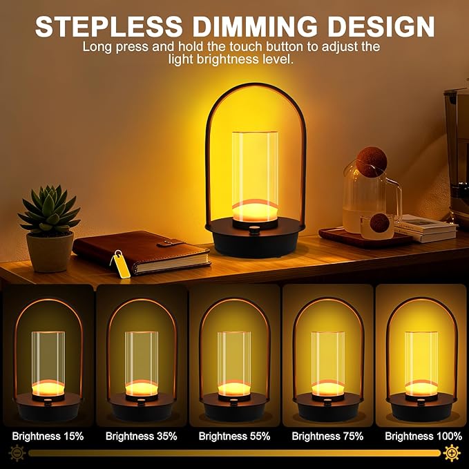 Cordless Table Lamp - Portable Lumisom Crystal Lantern with Touch & 3 Color Dimmable, Rechargeable Small Battery Powered Desk Lamp, Kiyagi Crystal Lantern for Bedroom Bedside Patio Camping Bar (Black)