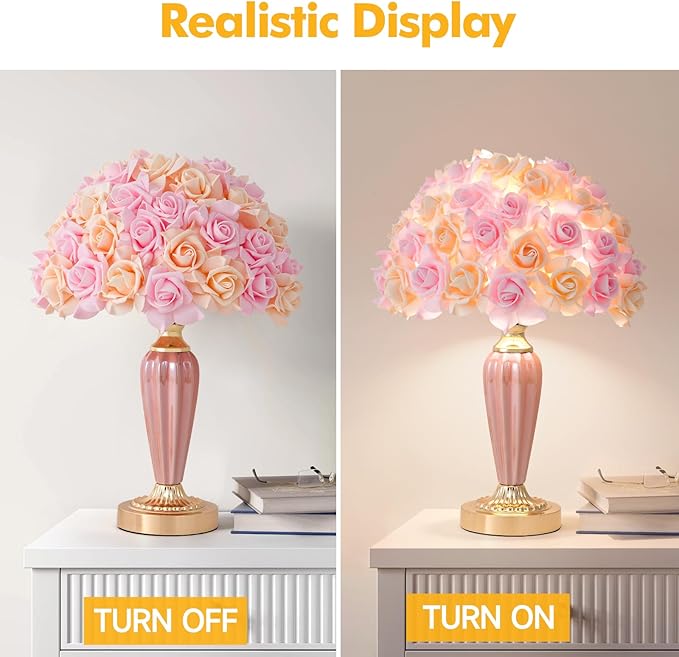 Pink Flowers Lamp Fabric Flower Bedside Lamp Romantic Rose Bouquet Table Lamp for Wedding Decor Girl Bedroom Valentines Dating Living Room Hotel Office