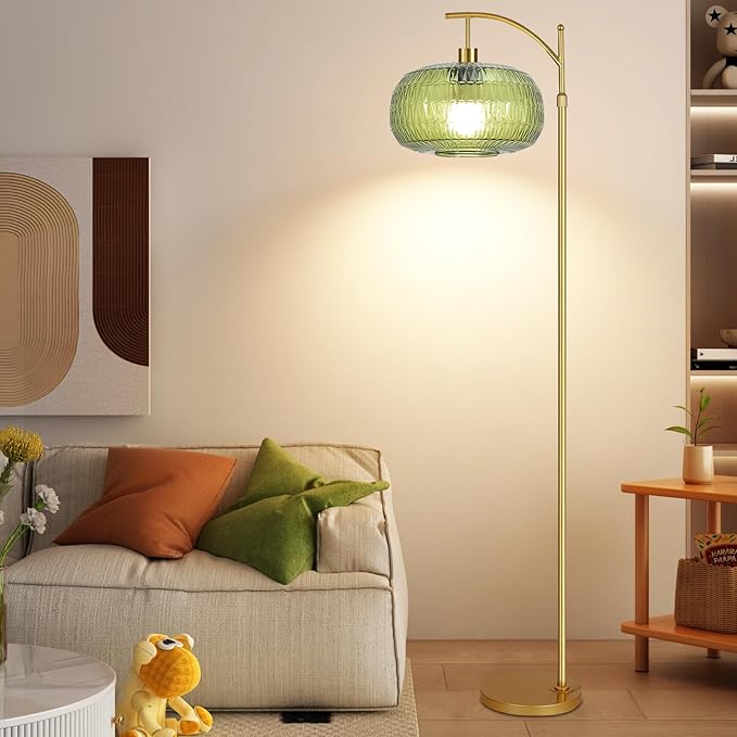Glass Floor Lamp for Living Room,Bedroom,Gold Mid Century Modern Standing Lamp with Remote,Dimmable Brass Tall Lamp Vintage Retro Green Arc Flower Floor Light Boho Bohemian