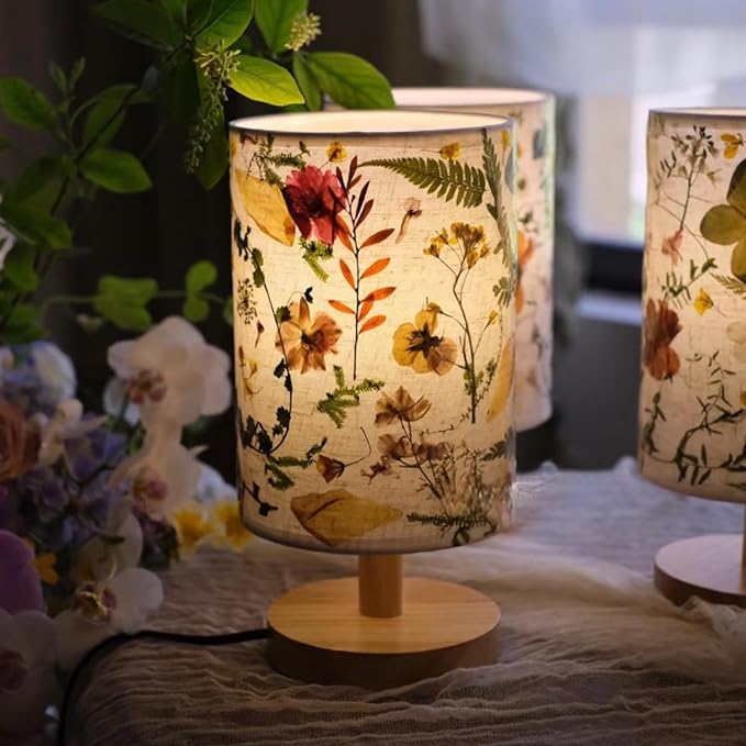 Dried Flowers Table Lamp, Vintage Floral Beside Lamp,5w Led 3-Color Cute Linen Shade Desk Lamp for Bedroom Office Nursery with Wood Base