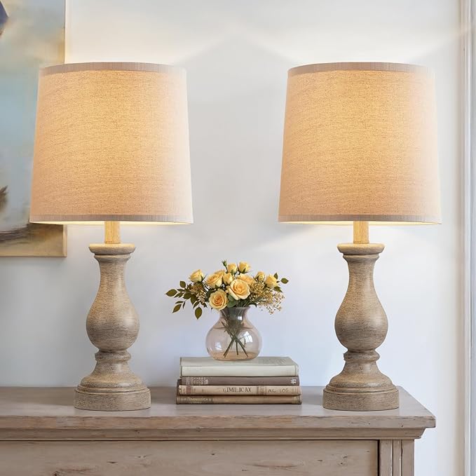 Seealle Farmhouse Table Lamps Set of 2 - Rustic Lamp for Bedroom Living Room, 22" Boho Bedside Lamps for Night Stands End Table Office Desk Lamp Nightstand with Linen Shades(Wood Painted)