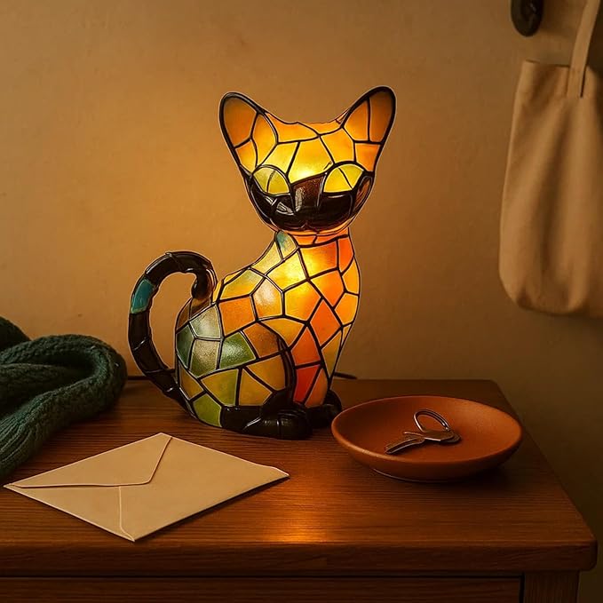 Cat Lamp, Stained Glass Cat Lamp, Decorative Resin LED Night Light for Cat Lovers, USB Vintage 3D Table Lamp Cozy Glow for Desk & Mantel – Fun Gift for Pet Owners (Little Kitten)