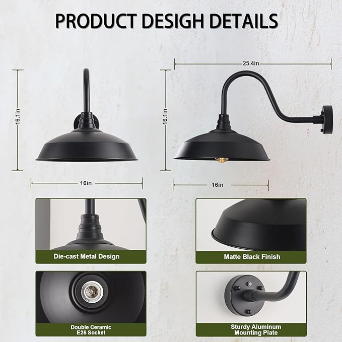 Outdoor Barn Lights with Dusk to Dawn Sensor for Porch, 16in Exterior Light Fixture with Wall Mount, Black Industrial Outdoor Wall Sconces Outside for Barn, Garage, Patio, 1 Pack