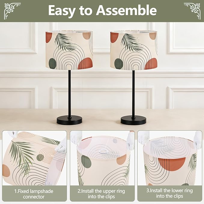 Fabric Linen Lamp Shade, Boho Lampshade with Tropical Plant and Line Pattern, 13x10inch Lamp Shades for Floor Lamps fit with Spider/Uno, Drum Lampshades for Table Lamp/Pendant (Easy Assemble)