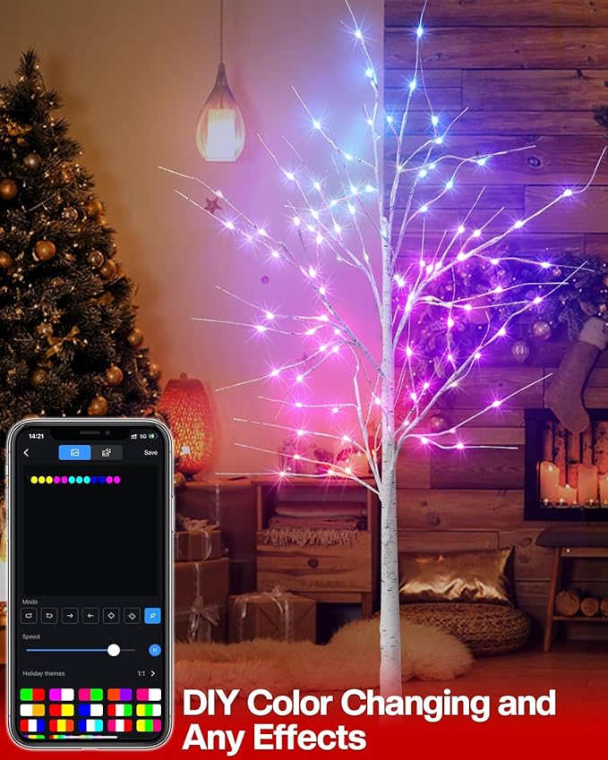 6FT Smart LED Birch Tree - Color Changing Lighted Tree with Bluetooth App Control, 16 Million Colors, Music Sync, Timer, Indoor/Outdoor Easter Decor for Home, Party, Christmas