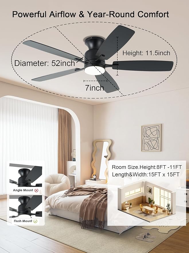 KNUN Ceiling Fans with Lights,52 Inch Flush Mount Ceiling Fan with Light and Remote/APP Control,3CCT Dimmable, DC Motor, Low Profile Ceiling Fan for Living Room, Bedroom, Indoor/Outdoor Use(Black)