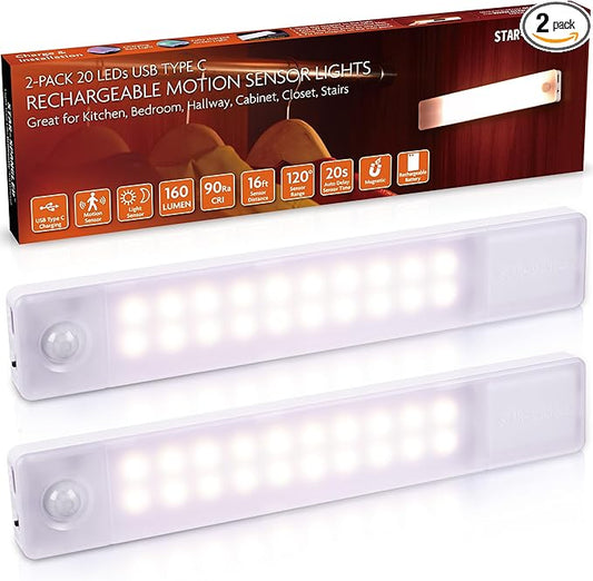 STAR-SPANGLED Under Cabinet Lighting Rechargeable, 8 inch Motion Sensor Lights Indoor Battery Operated, USB Stick on LED Magnetic Closet Light for Counter, Stairs, Kitchen, Warm White, 2 Pack