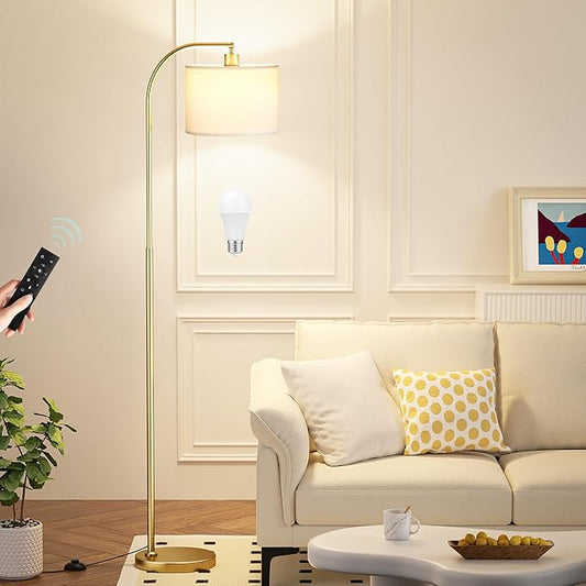 Ambimall Arc Floor Lamp with Remote – Stepless Dimmable, 3000K-6000K, 350° Rotating Head, White Shade & Gold Pole for Living Room & Bedroom
